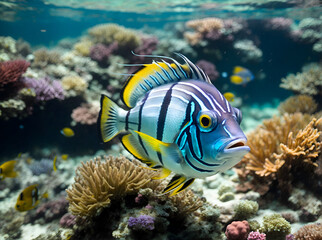Fototapeta na wymiar A majestic Hatchetfish the crystal clear waters of a vibrant blue ocean reef, surrounded by a colorful array of tropical fish.