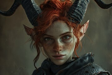Fantasy Female Warrior with Horns and Red Hair