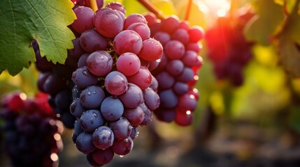 Clusters of red grapes on the vine bask in warm sunlight, perfect for themes of growth and ripeness.
