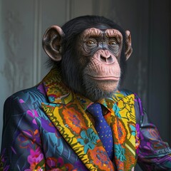 Chimpanzee in a colorful suit posing for a portrait