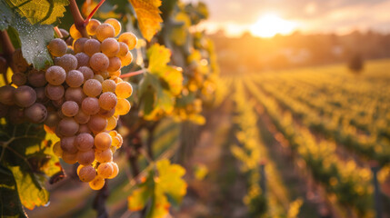 Sunset over a vineyard, capturing the golden hour's warmth and viticulture's beauty.