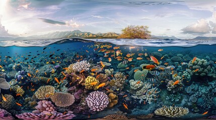 A panoramic view of an expansive coral reef underwater, with schools of tropical fish swimming above, highlighting the reef's vast biodiversity and the clear, pristine water. 8k - obrazy, fototapety, plakaty