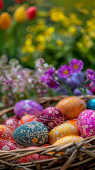 Obraz na płótnie Canvas Colorful easter eggs in a basket on a background of spring flowers
