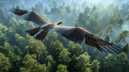 Futuristic Bird-Like Drone Soaring Above Forest - obrazy, fototapety, plakaty