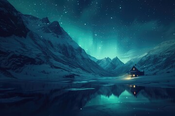 A peaceful winter night landscape, featuring a lone house beside a lake, with the aurora borealis reflecting in the water and mountains silhouetted against the sky. 8k