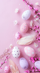 Happy Easter. Vertical banner, colorful eggs on pink background, pastel colors. Instagram story or tiktok background