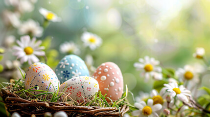 Easter eggs in a nest with daisies on green background