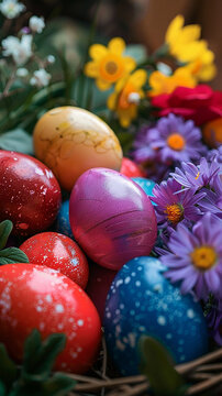 Colorful easter eggs in basket with flowers on wooden background.