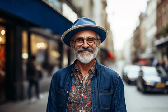 Portrait of a senior man in a hat and glasses in the city