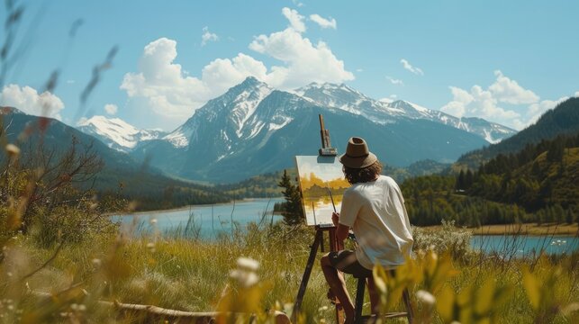 A person painting a landscape on a canvas outdoors, with a picturesque mountain range and a serene lake in the background, capturing the essence of plein air painting. 8k