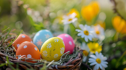 Fototapeta na wymiar Colorful easter eggs in a basket on the grass with daisies