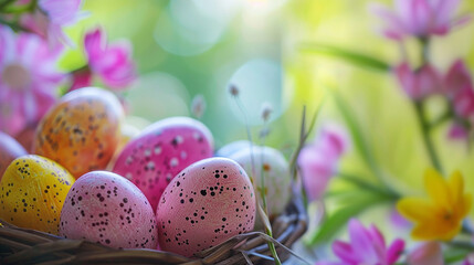 Easter eggs in a basket on a green background with flowers.
