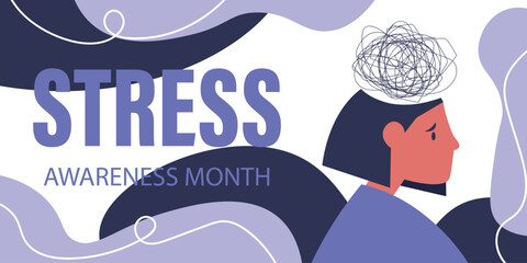 Banner for Stress Awareness Month with sad woman