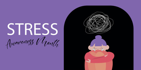 Banner for Stress Awareness Month with crying woman