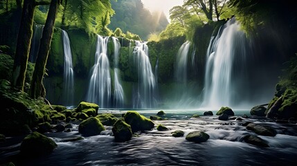 waterfall, flows, pool, water, surrounded, mossy, rocks, lush, greenery, nature, scenic, landscape, tranquil, cascade, serene, environment, outdoor, wilderness, foliage, stream, picturesque, idyllic, 