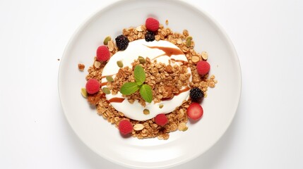 Fototapeta na wymiar Plate of Greek yogurt parfait topped with house-made nut and seed granola, arranged on a white round plate, displayed against a white background in an aerial view