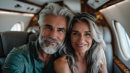  Smiling senior couple in luxury private airplane cabin