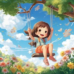 Fototapeta na wymiar Happy child on swing under trees with falling leaves, happy childhood cartoon illustration