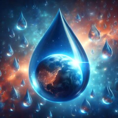 Blue planet earth in a cosmic water droplet, many worlds concept