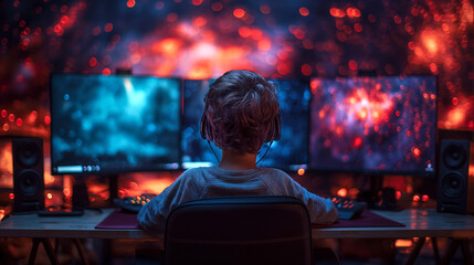 A young boy with earphone concentrating on the contents on his three flat screen computer monitor