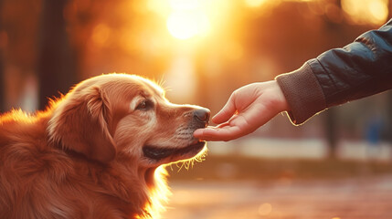 Dog giving paw to his owner in park under sunset 