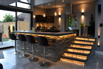 A contemporary black and white mini bar with elegant lighting. Interior design.