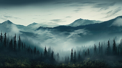 A serene forest of fir trees enveloped in morning mist, with distant mountains rising in the soft light of dawn. - Powered by Adobe