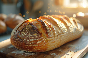 Close-up of bread on the table in the sunlight, beautiful and delicious.