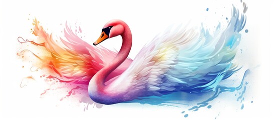 Vector illustration of watercolor swans swimming in the river on a nature background - obrazy, fototapety, plakaty