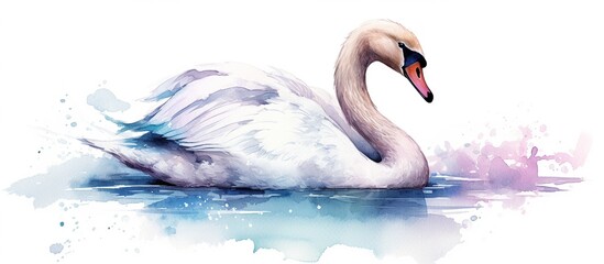 Vector illustration of watercolor swans swimming in the river on a nature background