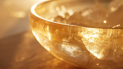 A closeup of a crystal singing bowl with the light reflecting off its smooth surface as it emits soothing tones.