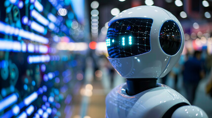 Futuristic AI robot at a tech expo with reflective visor, symbolizing cutting-edge technology and innovation.