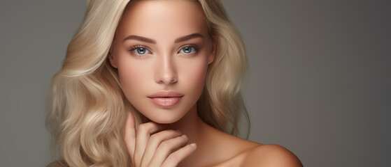 An elegant blonde woman with striking blue eyes and gentle makeup presents a picture of refined beauty.