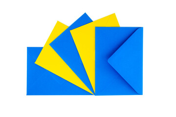 Blue and yellow envelopes arranged against a white background