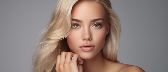 An elegant blonde woman with striking blue eyes and gentle makeup presents a picture of refined beauty.