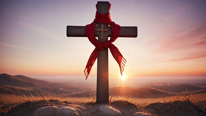 Sunset Christian cross easter religious background - obrazy, fototapety, plakaty