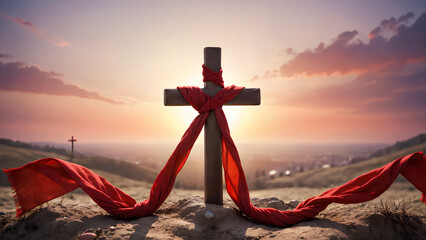 Sunset Christian cross easter religious background - obrazy, fototapety, plakaty