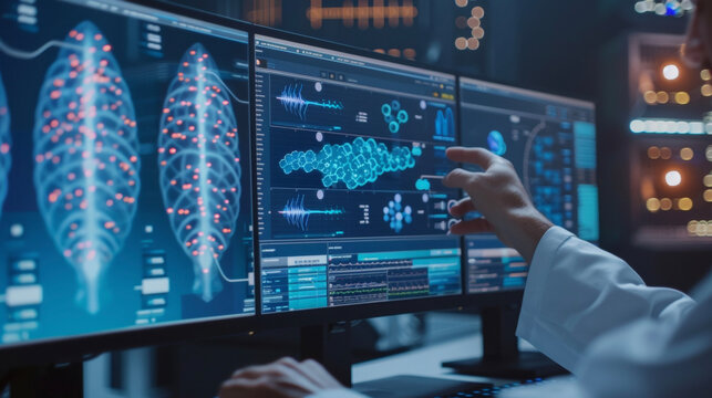 A closeup view of a computer screen showing multiple potential clinical trials being matched to a participants genetic and health data by an AI system.