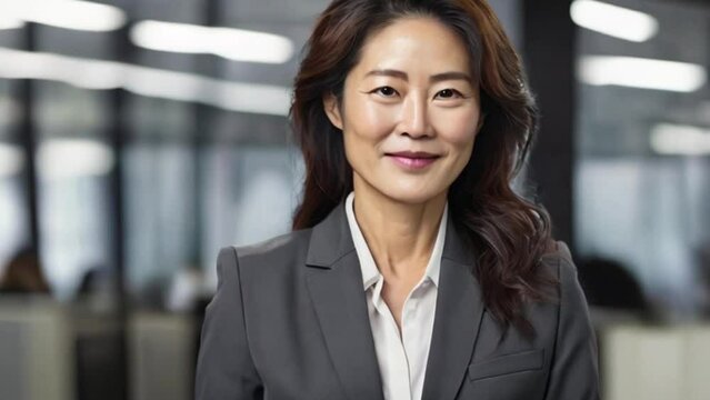 Confident portrait middle aged business woman smilling in a suit in the office