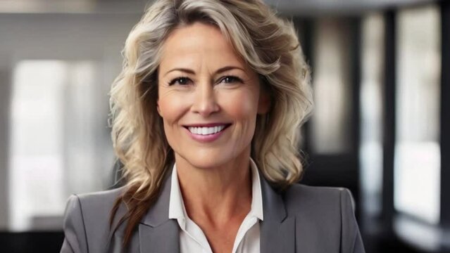 Confident portrait middle aged business woman smilling in a suit in the office
