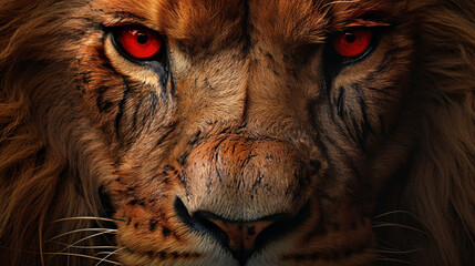 close up of a horror lion red eyes over black background