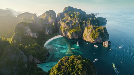 Aerial view of Phi Phi Island landscape, southern Thailand with soft sunlight. - obrazy, fototapety, plakaty
