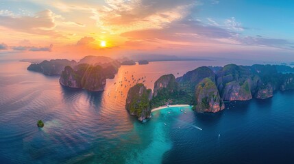 Aerial view of Phi Phi Island landscape, southern Thailand with soft sunlight.