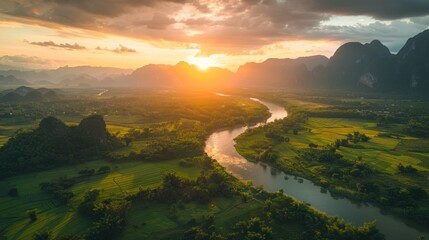 Aerial view of Vang Vieng landscape, Laos at sunset.