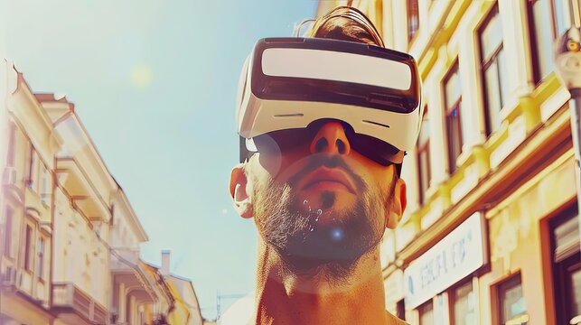 Young man in VR glasses on the streets of a modern city. Lost in a virtual reality adventure, he weaves through the vibrant city, his every move guided by the digital landscape.