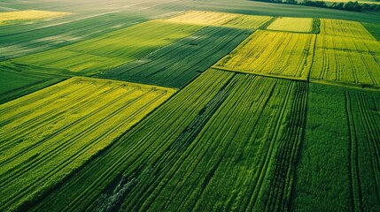 Aerial view with geometric textures Landscape of many agricultural fields with various plants such as rapeseed in bloom.