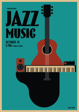 Jazz music festival poster template design with guitar and piano vintage retro style