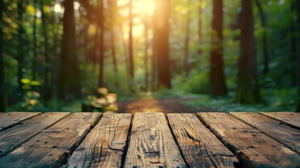 Fototapeta premium Beautiful blurry boreal forest background view. with empty rustic wooden table