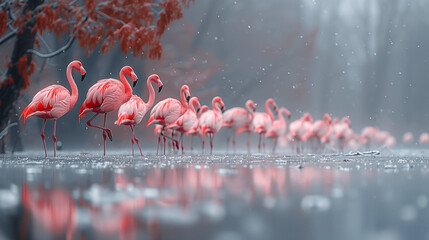 Flock of Flamingos Standing in Water with a Reflective Surface