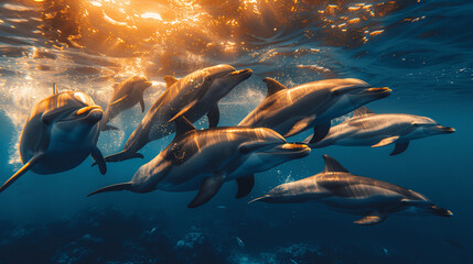 Pod of Dolphins Swimming Underwater with Sunlight - obrazy, fototapety, plakaty